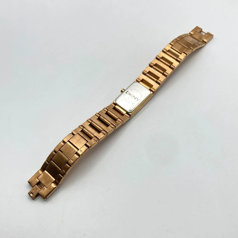 DKNY Women's Tank Watch 18mm Rose Gold Tone Champaign Crystals New Battery 7.25